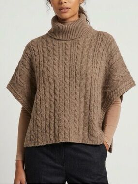 Bobbles & Lace Chunky Cable Knit Turtleneck Poncho Sweater in Tan Women’s Size L